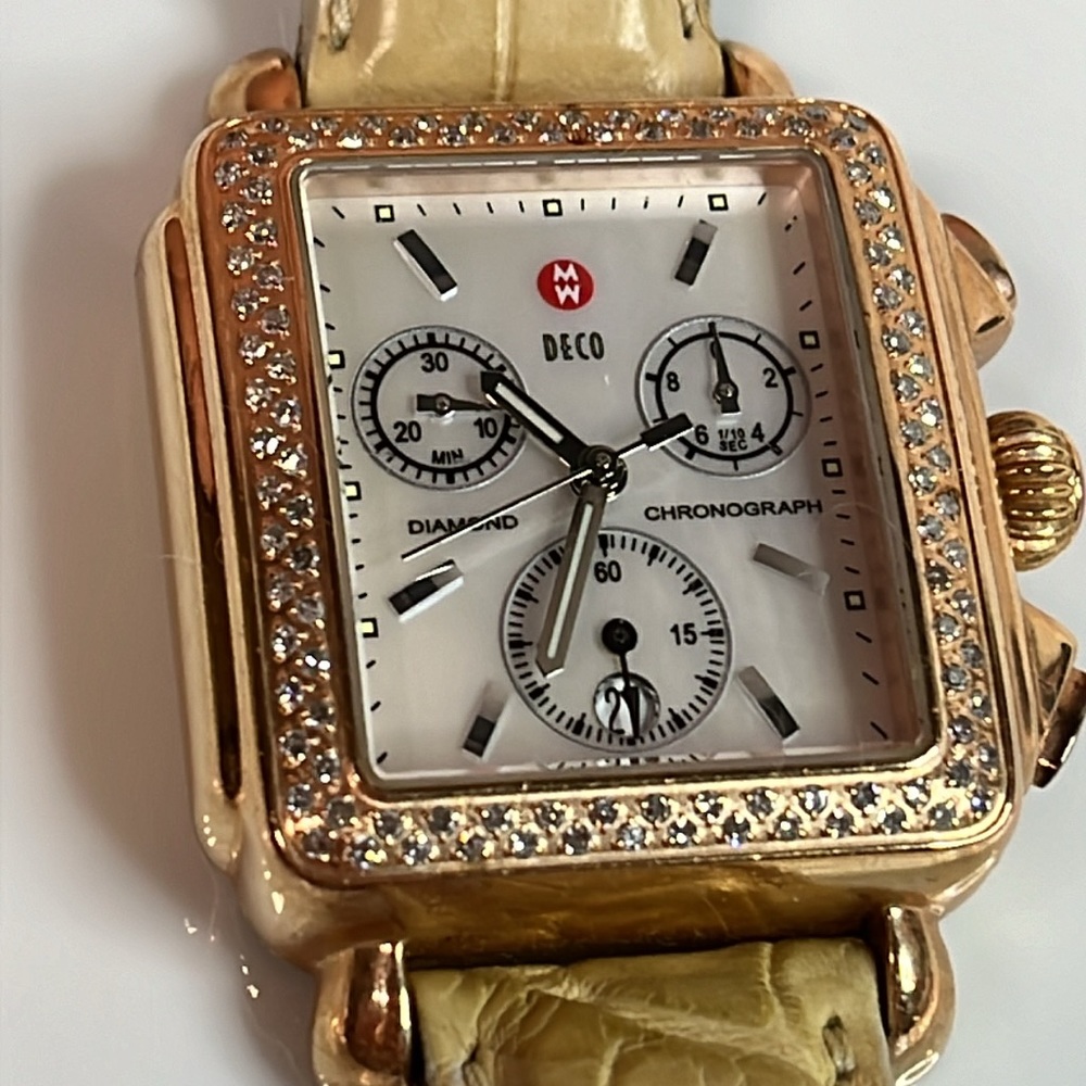 MICHELE DIAMOND ROSE GOLD DECO CHRONOGRAPH WATCH